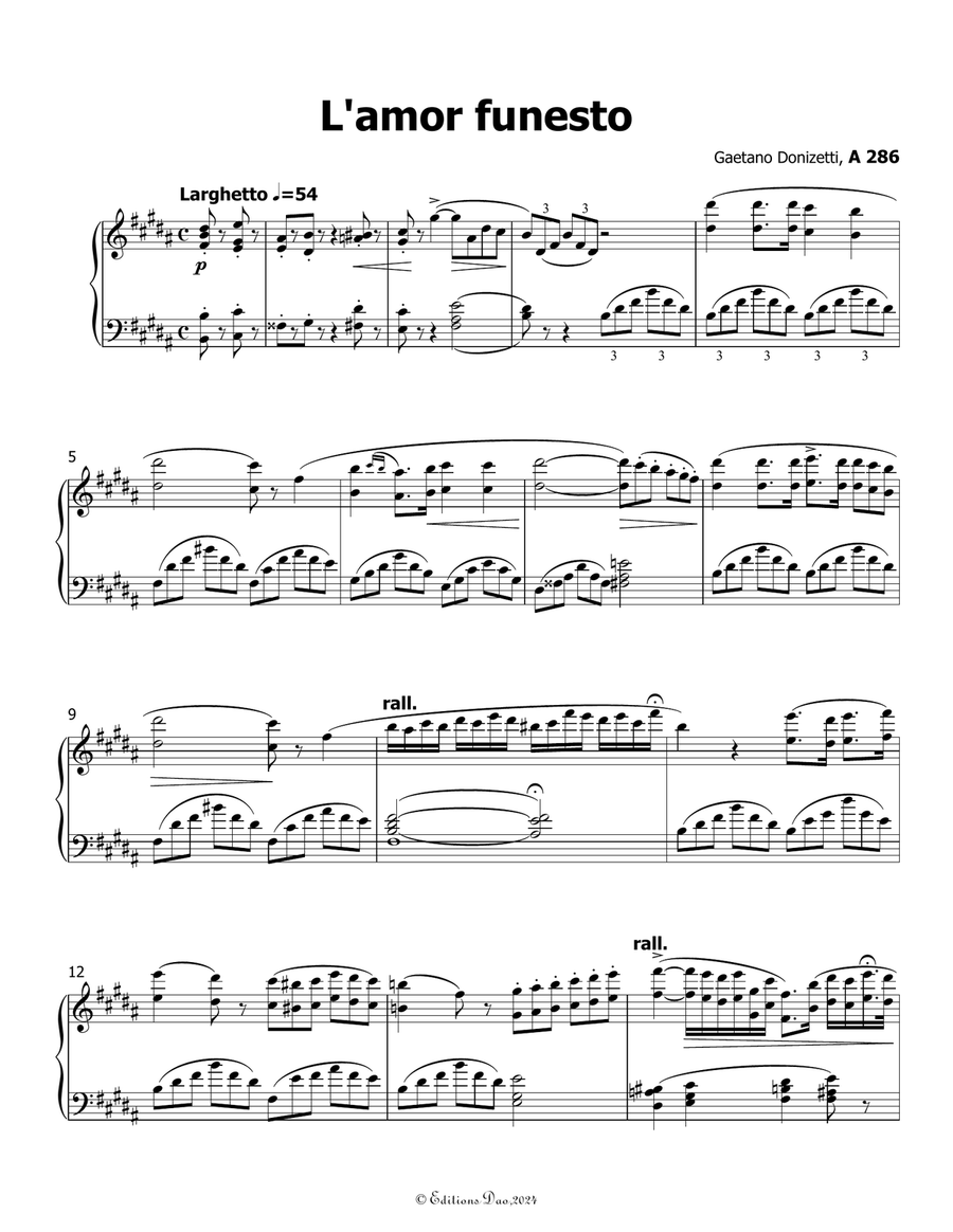 L'amor funesto, by Donizetti, in B Major Piano, Vocal scores gallery preview page 3