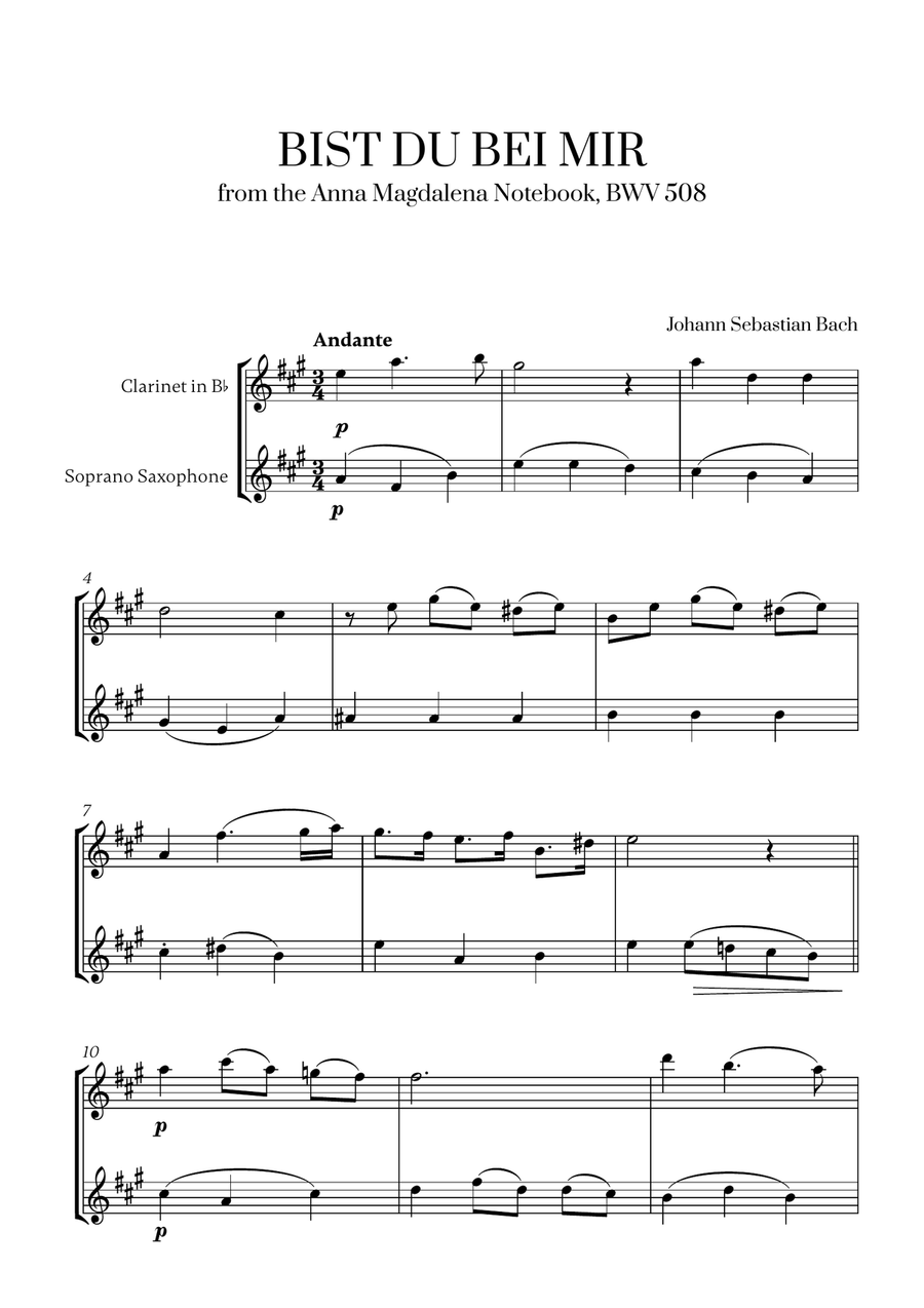 Johann Sebastian Bach - Bist du bei Mir (BWV 508) (G major) (for Clarinet and Soprano Saxophone)