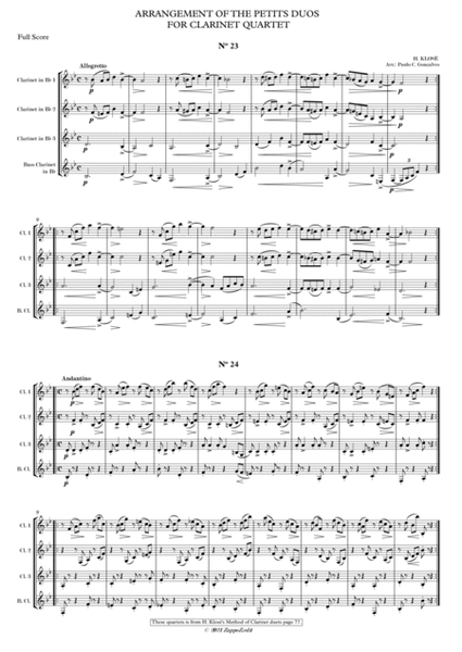 ARRANGEMENT OF THE PETITS DUOS FOR CLARINET QUARTET Nº 23 & 24 image number null