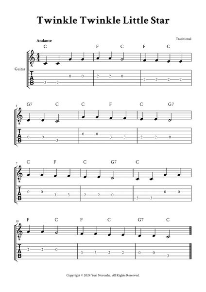 Twinkle Twinkle Little Star - (C Major - with TAB, Chords) image number null