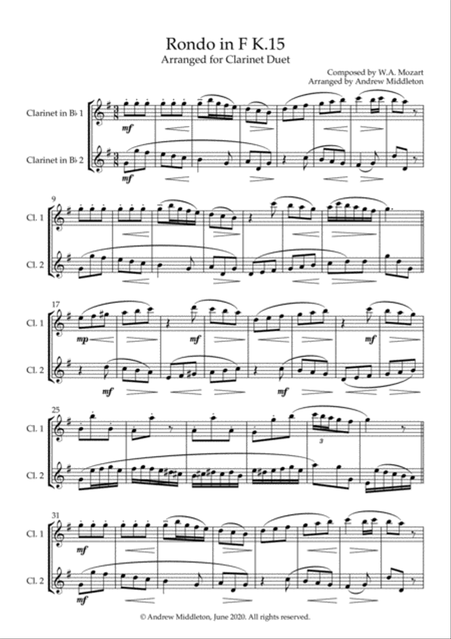 Rondo in F K.15 arranged for Clarinet Duet Clarinet Duet scores gallery preview page 3