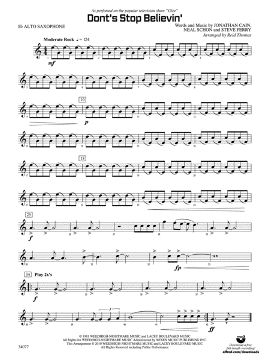 Don't Stop Believin': E-flat Alto Saxophone Concert Band scores gallery preview page 1