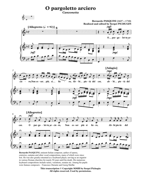 PASQUINI Bernardo: O pargoletto arciero, canzonetta, arranged for Voice and Piano (F major) image number null
