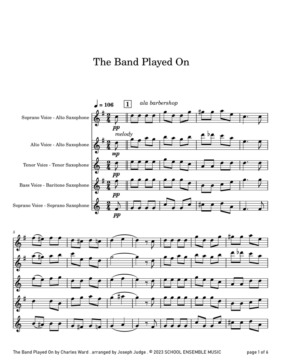 The Band Played On by Ward for Saxophone Quartet in Schools Saxophone Quartet scores gallery preview page 1