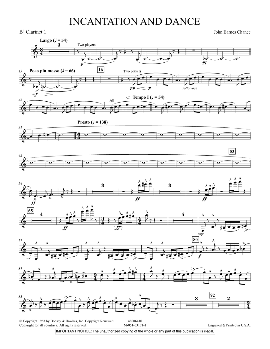 Incantation and Dance - Bb Clarinet 1 Concert Band scores gallery preview page 1