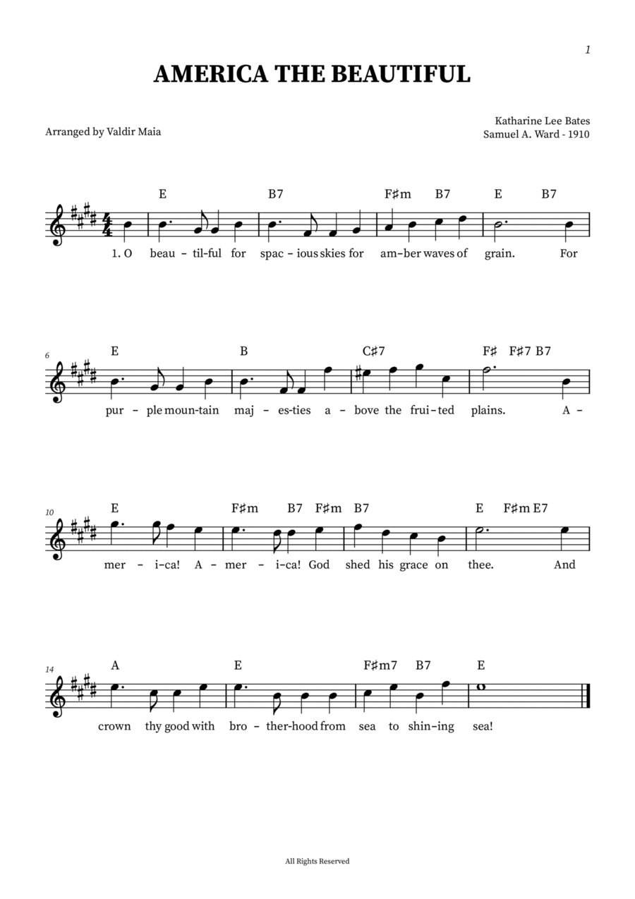 America The Beautiful - Leadsheet in E Easy Piano scores gallery preview page 1