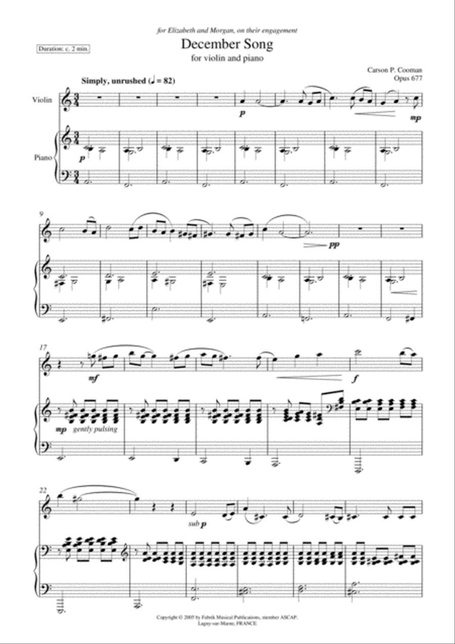 Carson Cooman: December Song for violin and piano Violin Solo scores gallery preview page 2