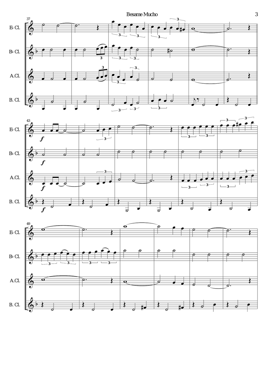 Besame Mucho (Kiss Me Much) Clarinet Quartet scores gallery preview page 3