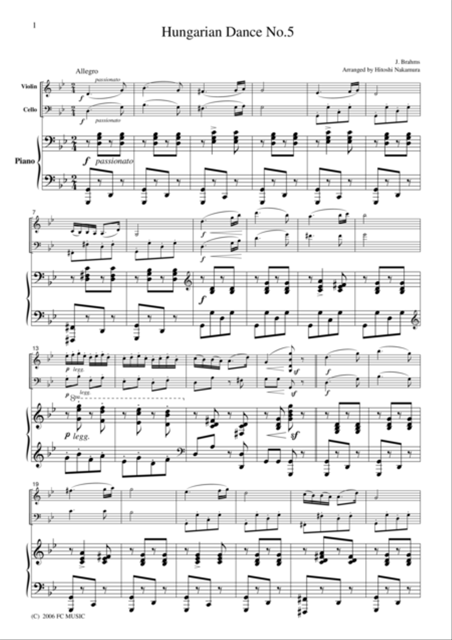 Brahms Hungarian Dance No.5, for piano trio, PB101 Piano Trio scores gallery preview page 1