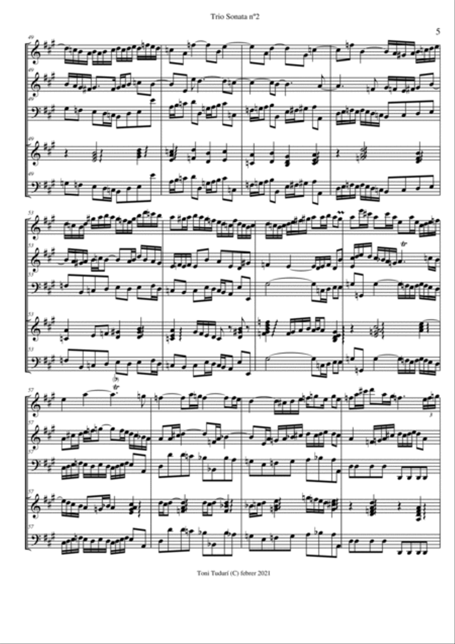 Trio sonata nº2 in A Major for flute, violin & cello, 2 violins & cello and basso continuo (SCORE D Small Ensemble scores gallery preview page 5
