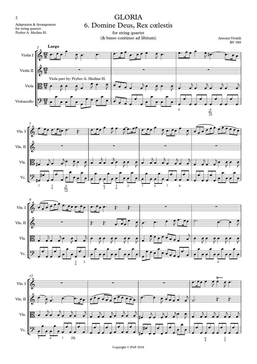 Vivaldi - RV 589, GLORIA - 6. Domine Deus, Rex Cœlestis, for string quartet String Quartet scores gallery preview page 2