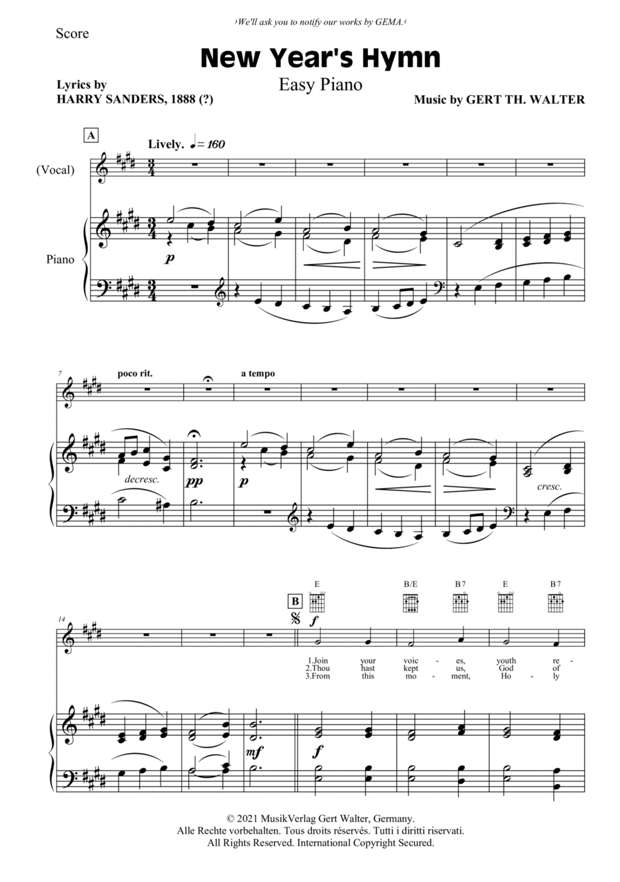 New Year's Hymn New Year's Hymn Easy Piano scores gallery preview page 1