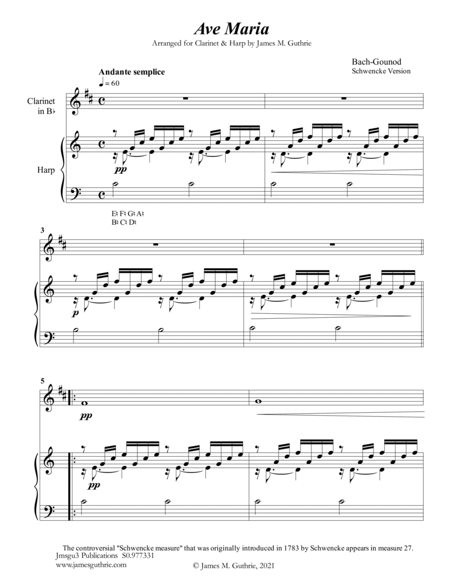 Bach-Gounod: Ave Maria for Clarinet & Harp B-Flat Clarinet scores gallery preview page 1