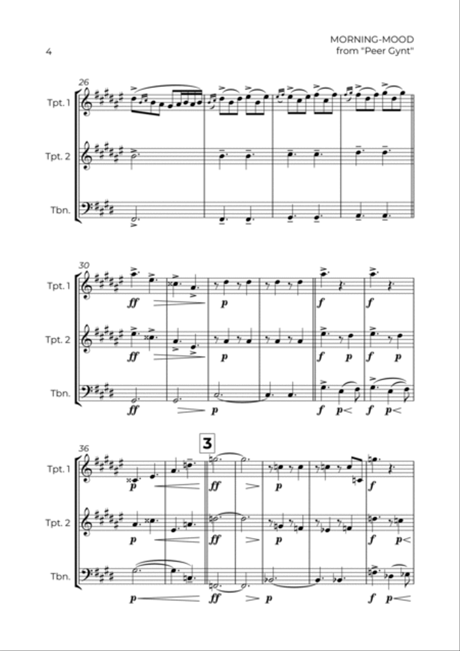 MORNING-MOOD - EDVARD GRIEG - BRASS TRIO (TRUMPET 1, TRUMPET 2 & TROMBONE) Brass Trio scores gallery preview page 4