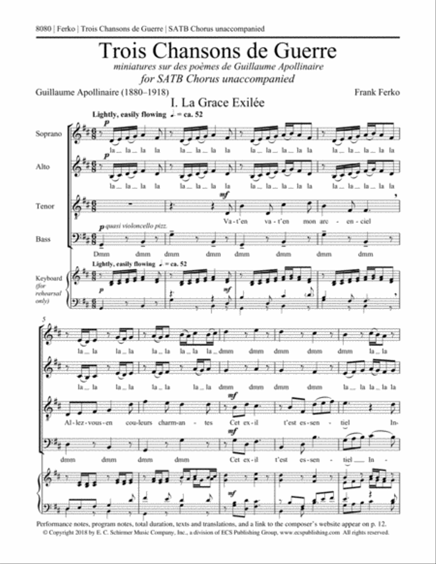 Trois Chansons de Guerre (miniatures sur des poèmes de Guillaume Apollinaire) 4-Part scores gallery preview page 2
