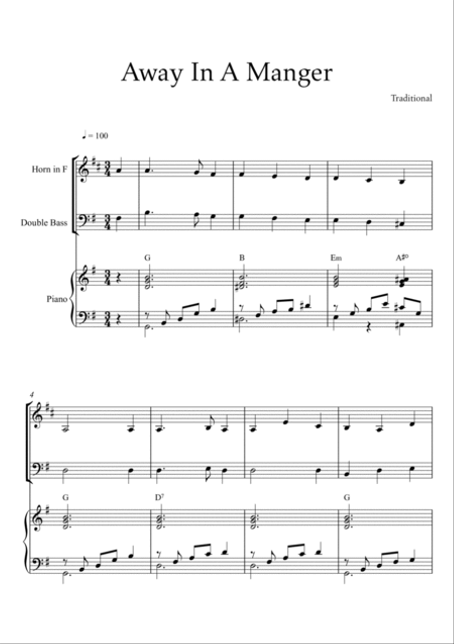 Traditional - Away In A Manger (Trio Piano, French Horn and Double Bass) with chords Small Ensemble scores gallery preview page 2