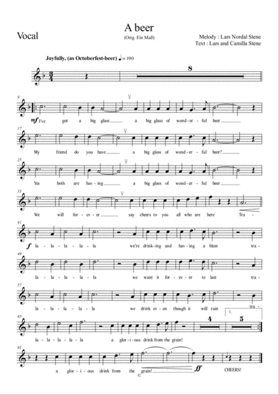Ein Maß : English - A beer - for octoberfest orchestra with song-text (2min 30sec) Piano, Vocal, Guitar scores gallery preview page 2