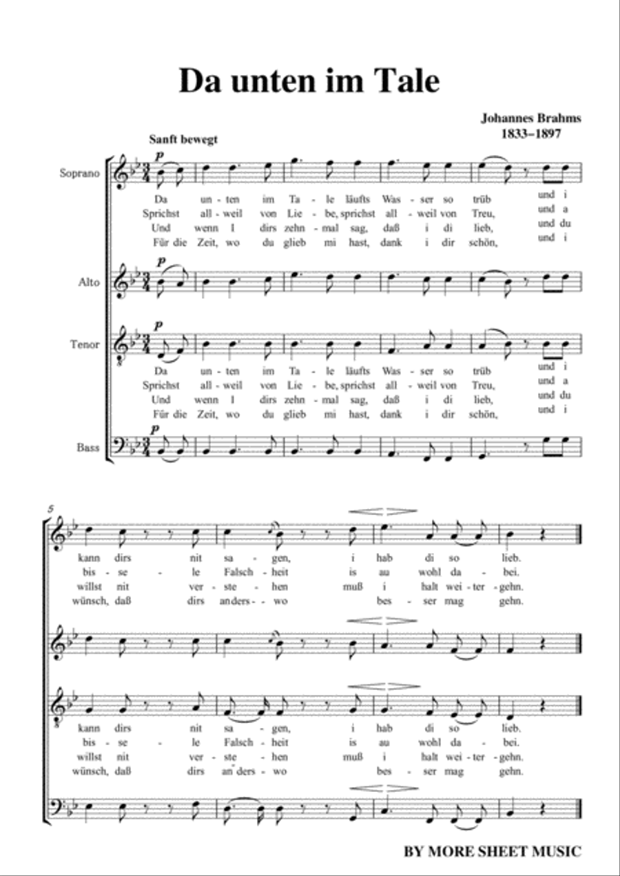 Brahms-Da unten im Tale,WoO 35 No.5,in B flat Major,from '12 Deutsche Volkslieder,WoO 35',for A capp Bassoon scores gallery preview page 3