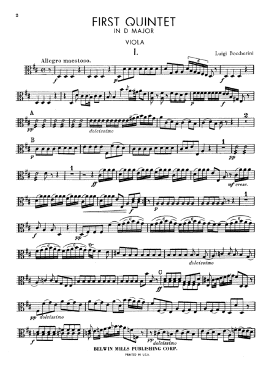 Boccherini: First Quintet in D Major, for Two Violins, Viola, Cello and Guitar Viola scores gallery preview page 2