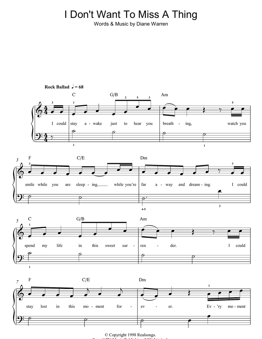 I Don't Want To Miss A Thing Easy Piano scores gallery preview page 1