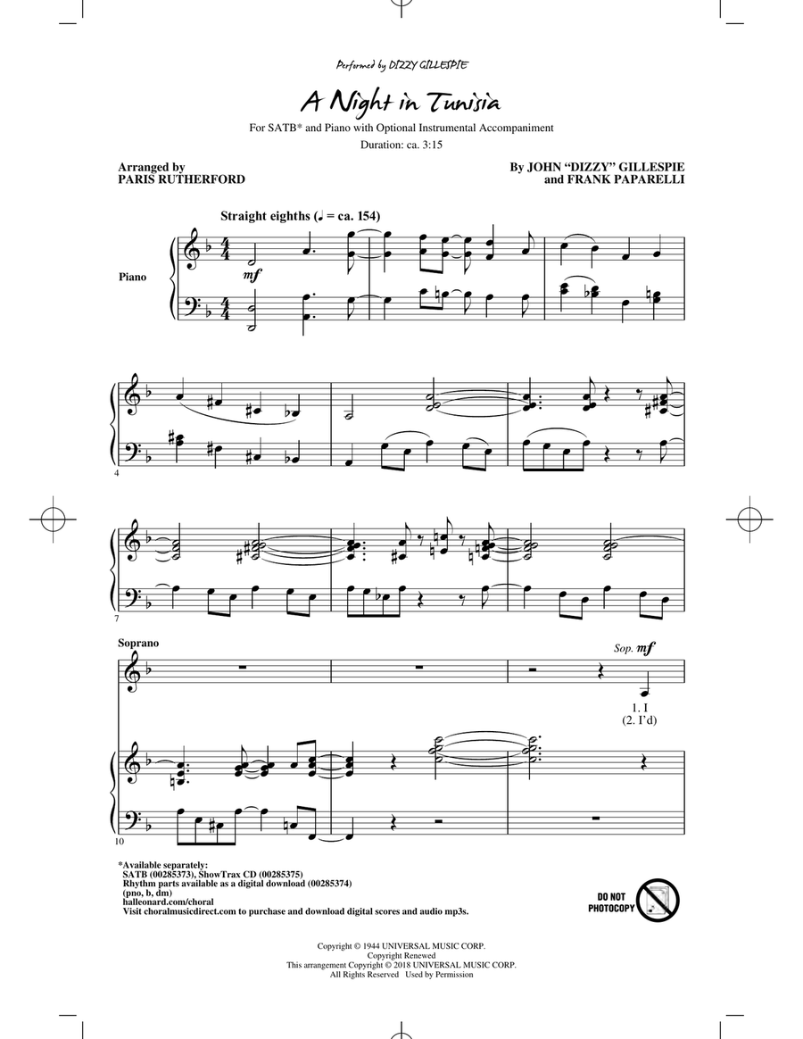 A Night In Tunisia (arr. Paris Rutherford) 4-Part scores gallery preview page 1