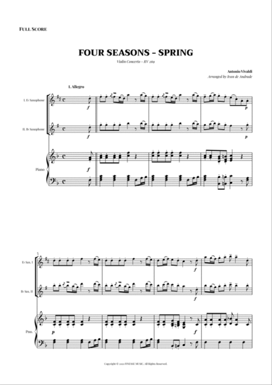 TRIO - Four Seasons Spring (Allegro) for Eb SAX, Bb SAX and PIANO - F Major Small Ensemble scores gallery preview page 3