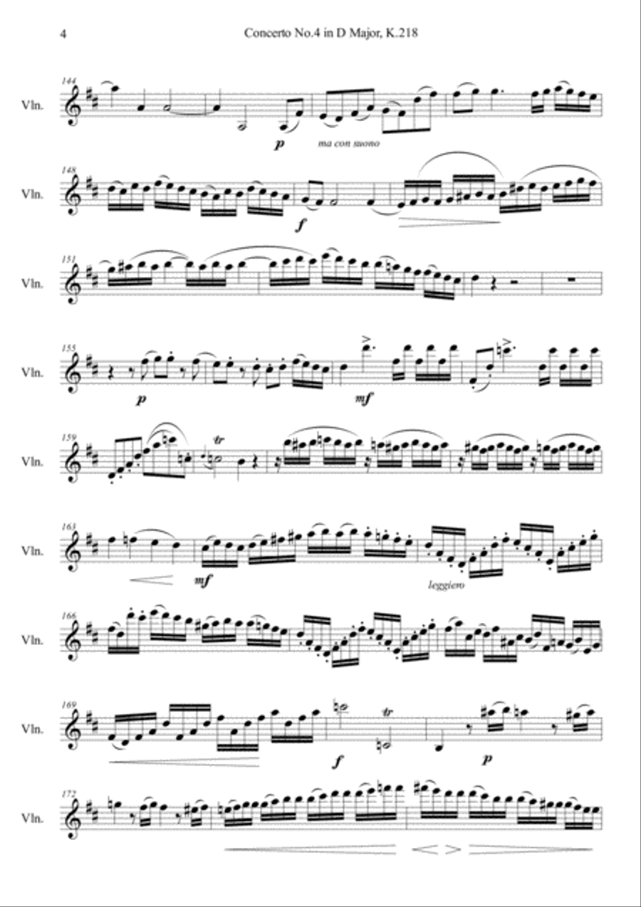 Mozart : Concerto No 4 in D Major K 218 Mov 1 With Joachim Cadenza Violin Solo scores gallery preview page 4