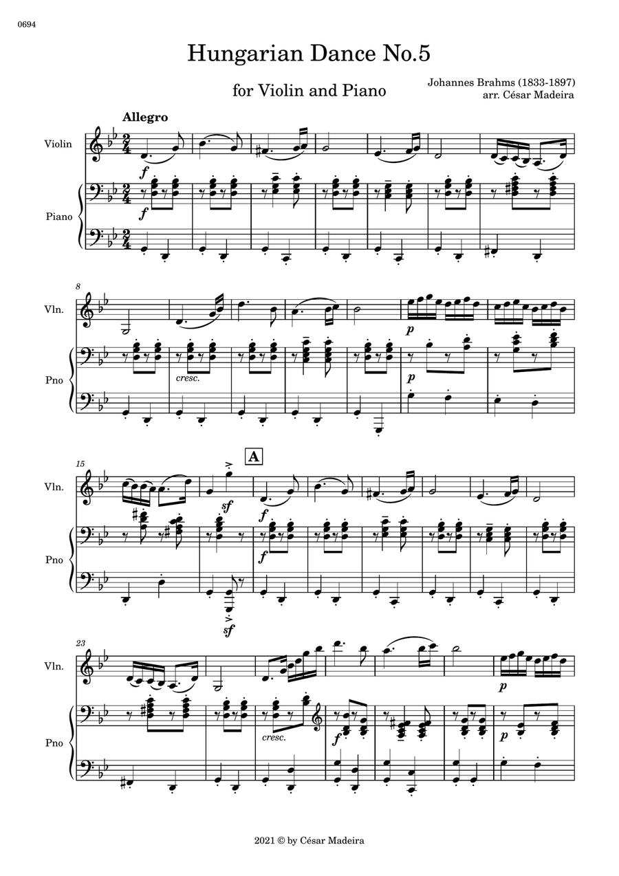 Hungarian Dance No.5 by Brahms - Violin and Piano (Full Score and Parts) Violin Solo scores gallery preview page 2