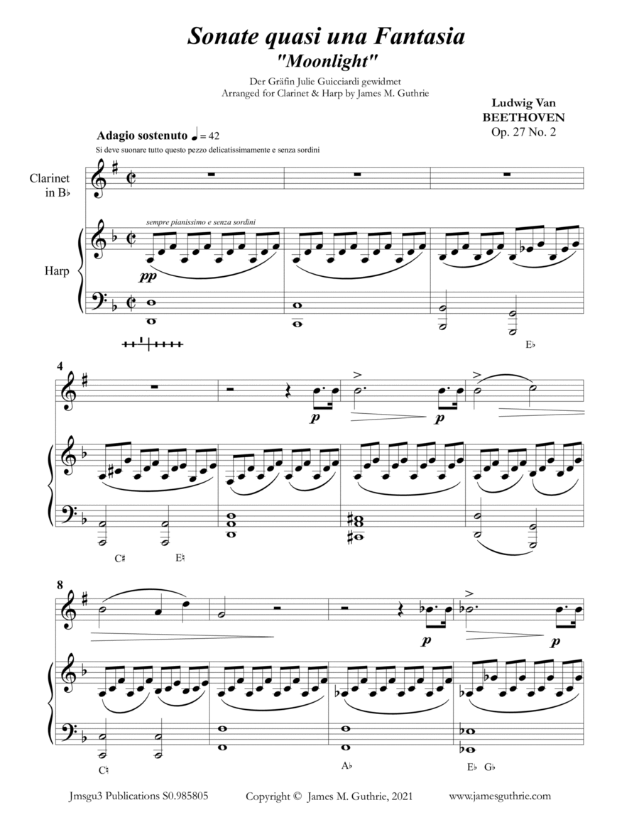 Beethoven: Adagio from the Moonlight Sonata for Clarinet & Harp Clarinet scores gallery preview page 1