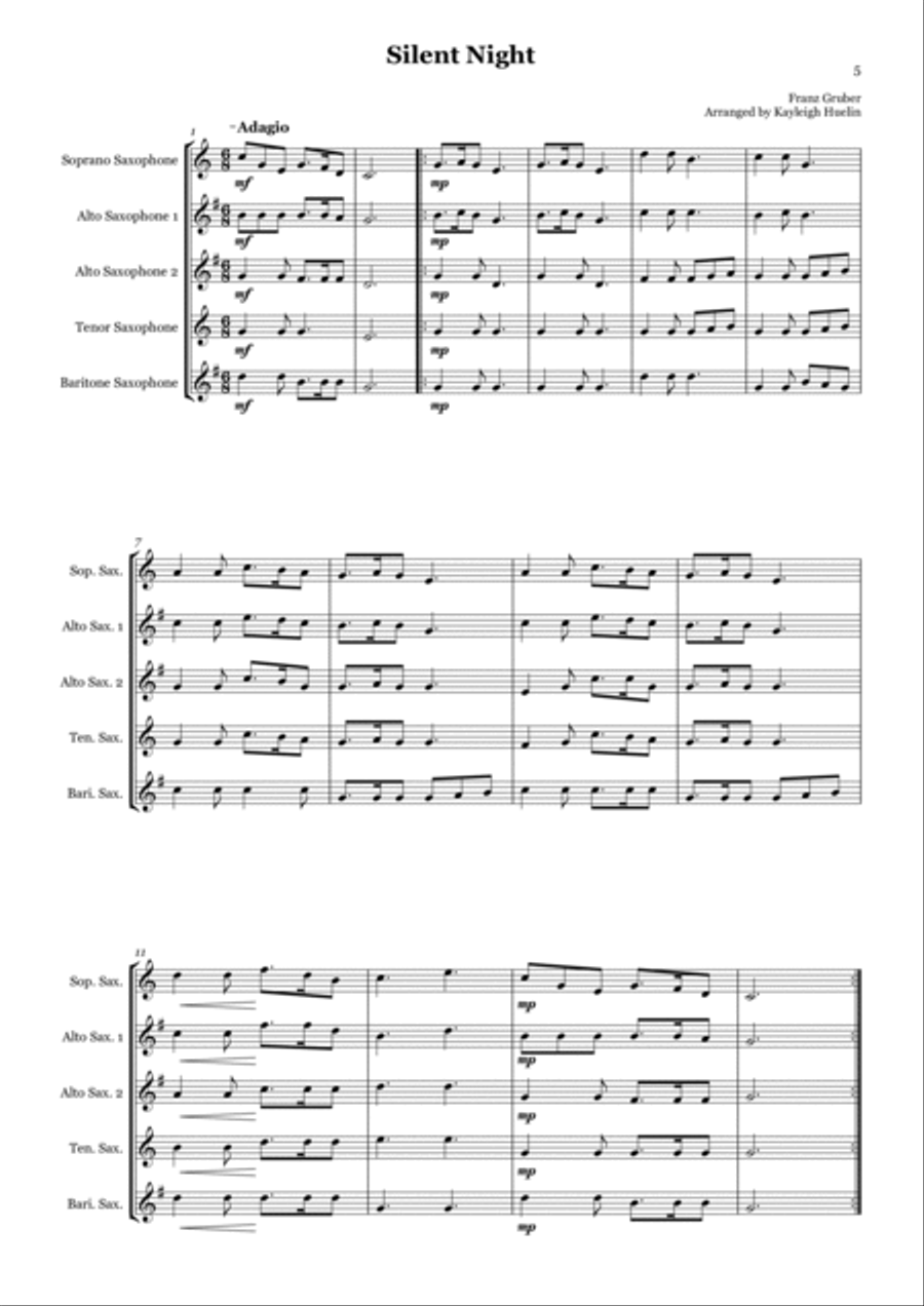 Christmas Carol Selection vol. 1 for SAATB saxophone quintet Saxophone Quintet scores gallery preview page 5