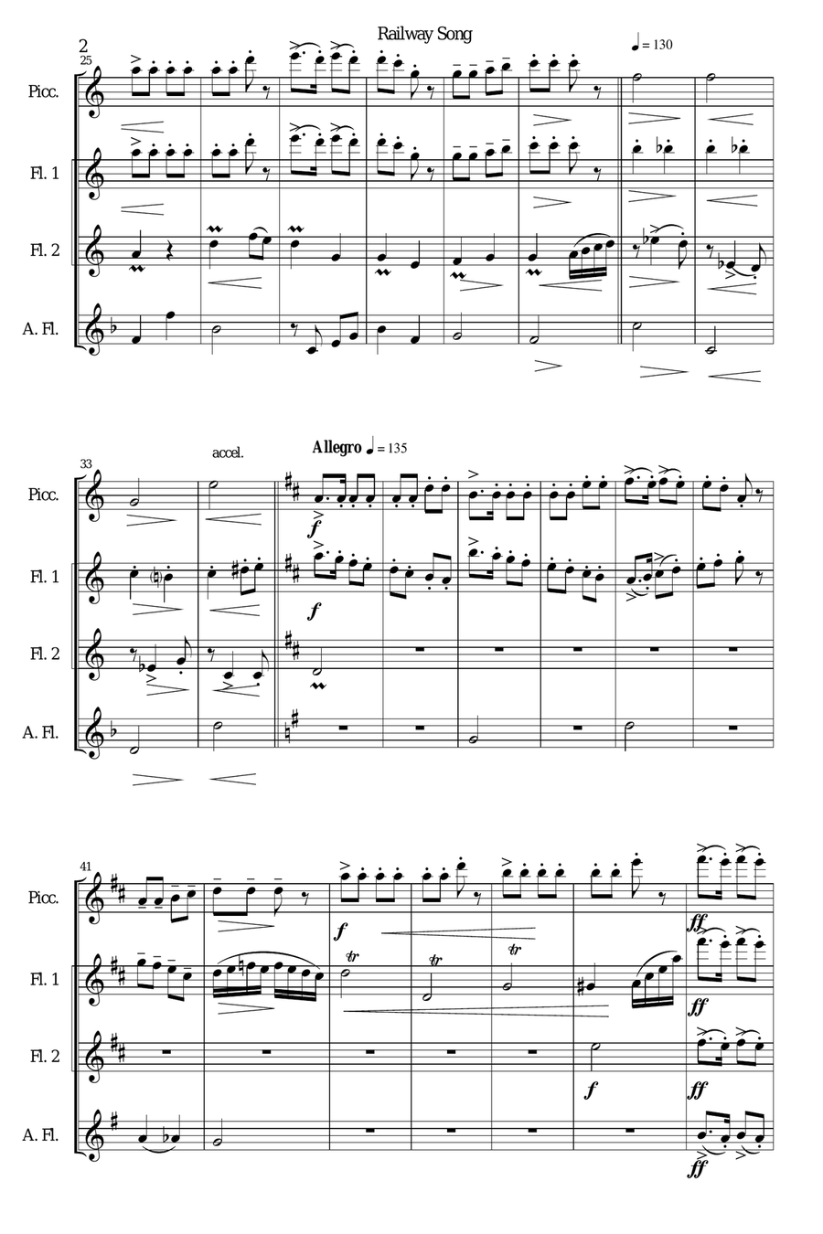 Railway Song (Auf de schwäb'sche Eisebahne) for piccolo, 2 flutes, alto flute Woodwind Quartet scores gallery preview page 2