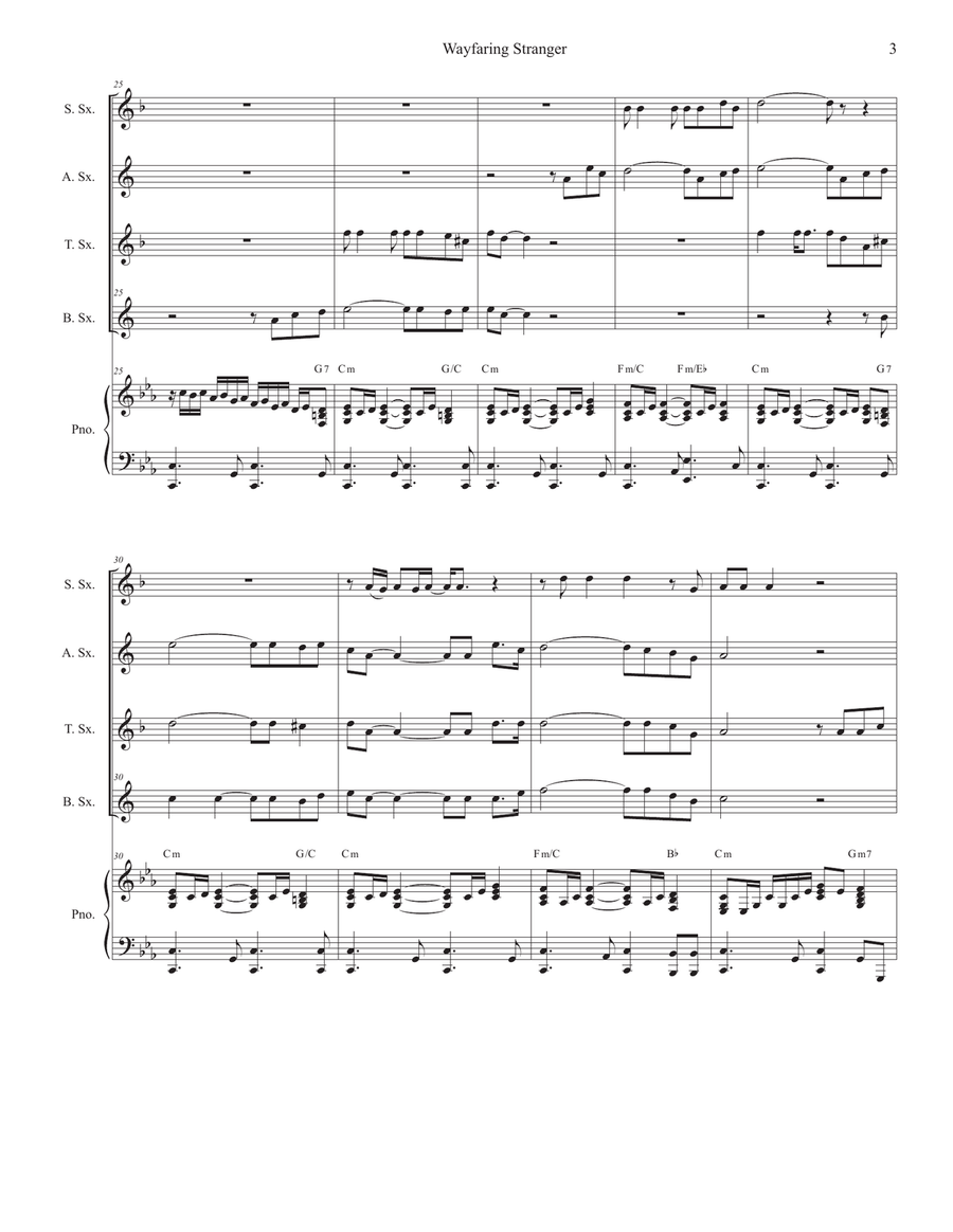 Wayfaring Stranger (Saxophone Quartet and Piano) Woodwind Ensemble scores gallery preview page 4