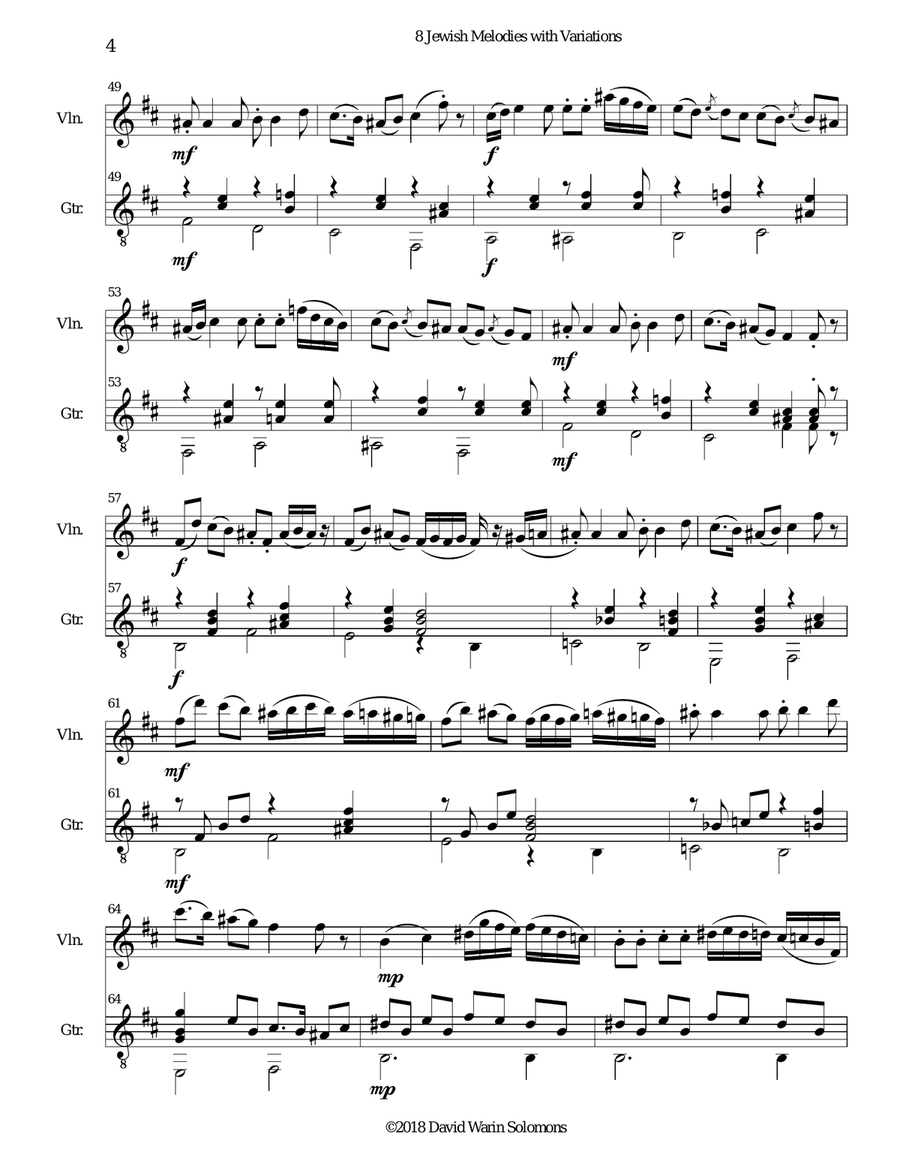 8 Jewish Melodies with Variations for violin and guitar String Duet scores gallery preview page 4