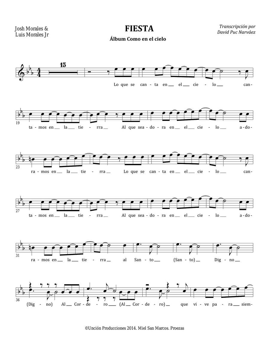 Miel San Marcos - FIESTA (Partitura) - Álbum Como en el Cielo Voice Solo scores gallery preview page 2
