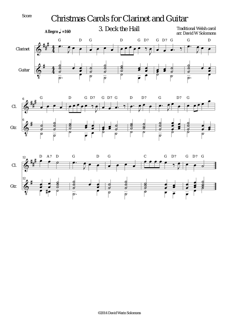 Christmas Carols for clarinet and guitar No 3 Deck the Hall Clarinet scores gallery preview page 3