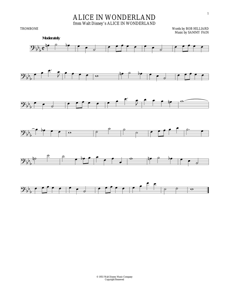 Alice In Wonderland Trombone Solo scores gallery preview page 1