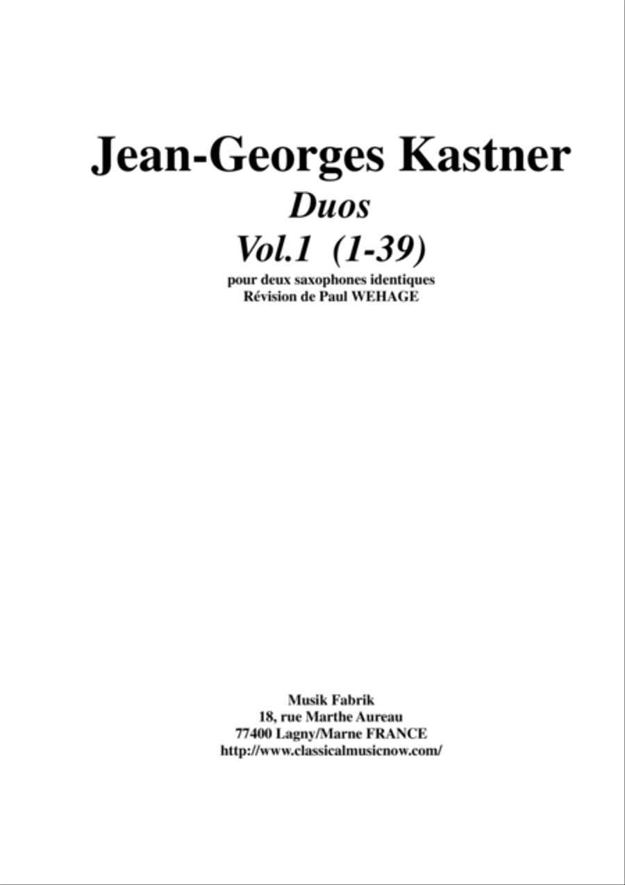 Jean-Georges Kastner: Duos vol 1 (duos no. 1-39) for two saxophones Woodwind Duet scores gallery preview page 1
