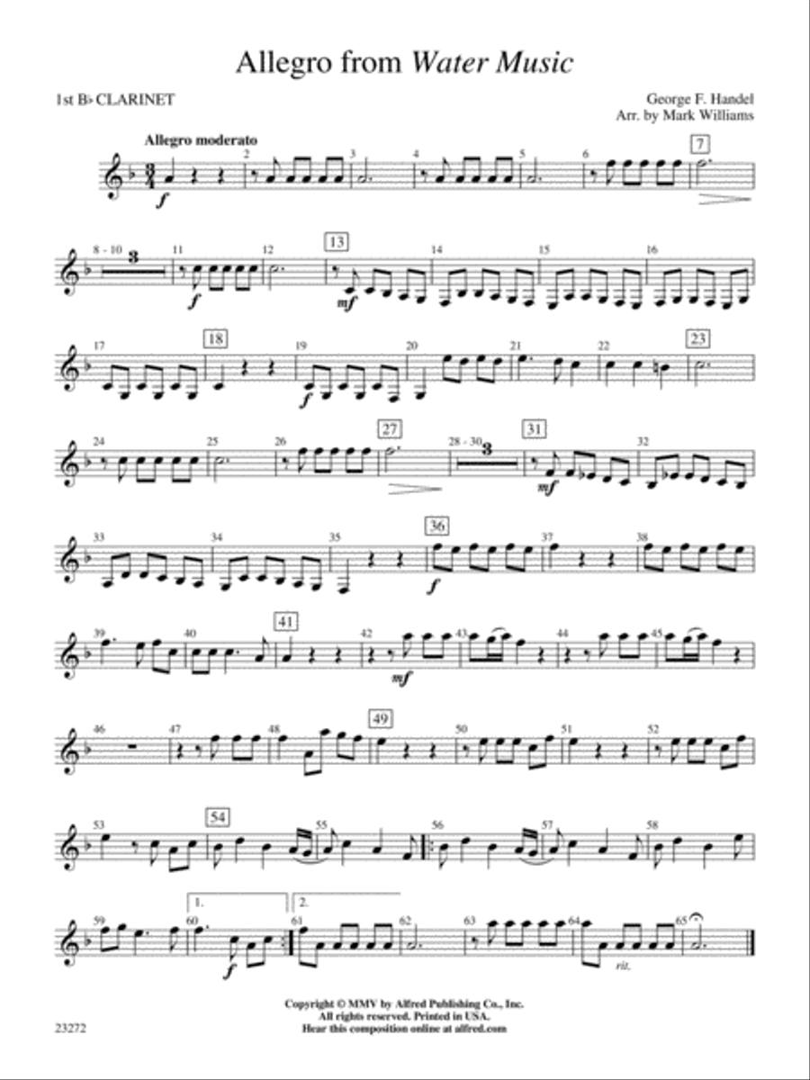 Allegro from Water Music: 1st B-flat Clarinet Concert Band scores gallery preview page 1