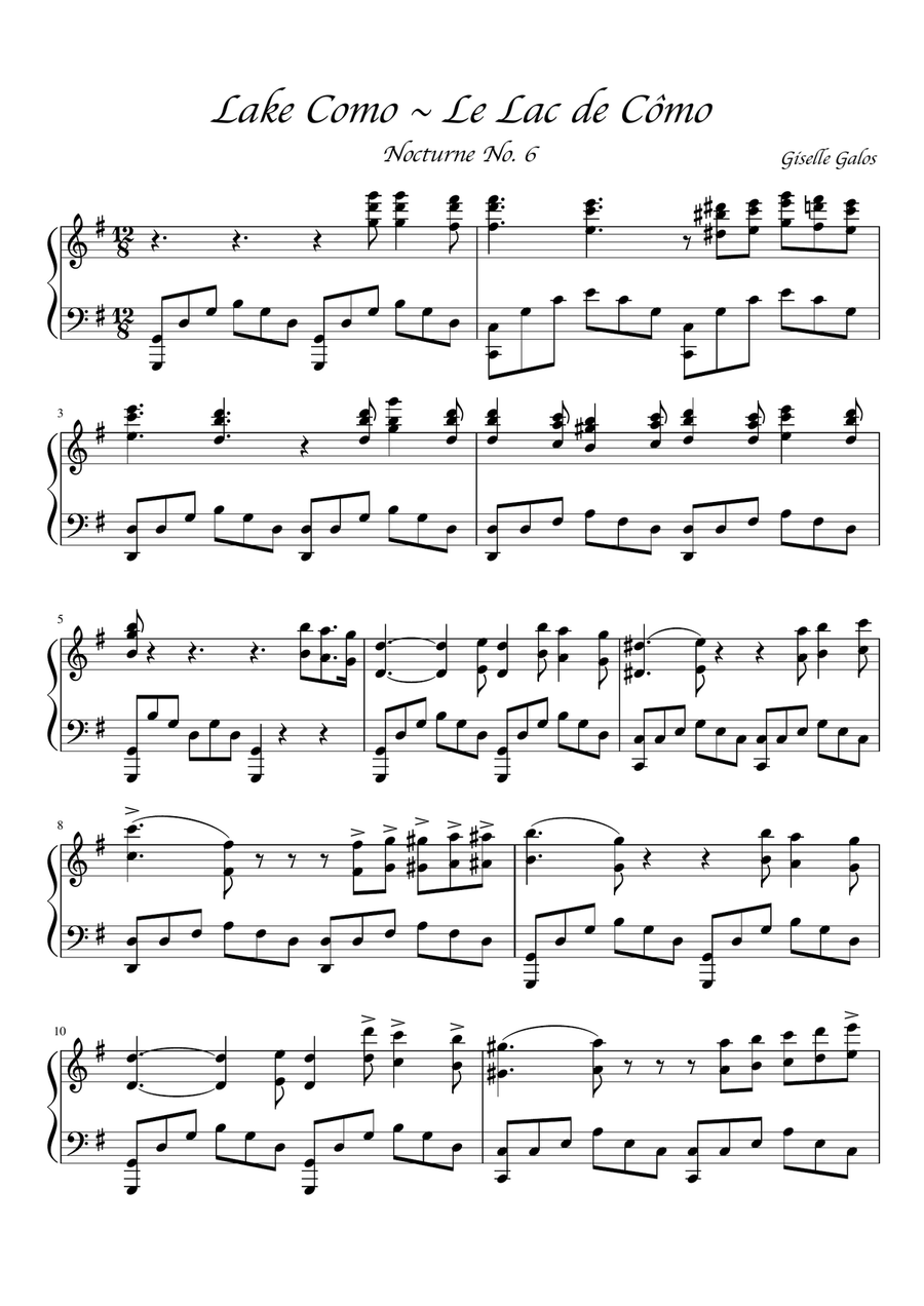 Lake Como Piano Solo ~ Le Lac de Cômo ~ Nocturne No. 6 Piano Method scores gallery preview page 1