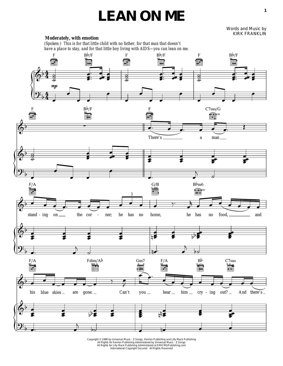Lean On Me Piano, Vocal, Guitar scores gallery preview page 1