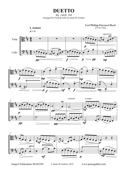 CPE Bach: Duetto Wq. 140 for Viola & Cello image number null