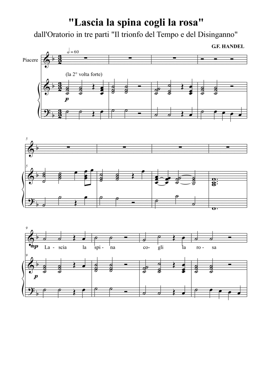 Haendel Lascia la spina, cogli la rosa F major soprano voice and piano Soprano Voice scores gallery preview page 1