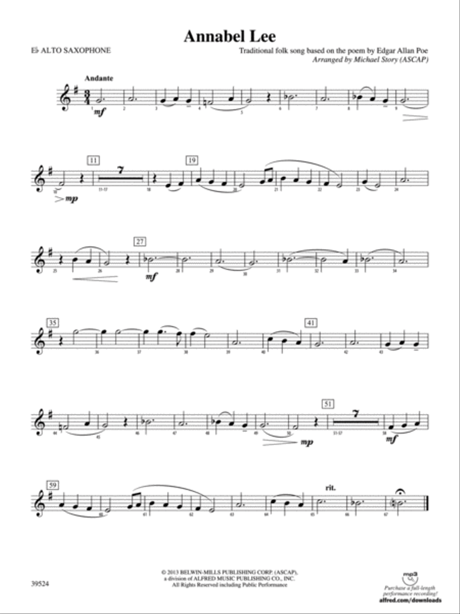 Annabel Lee: E-flat Alto Saxophone Concert Band scores gallery preview page 1