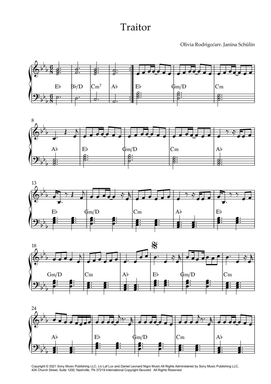 Traitor Easy Piano scores gallery preview page 1