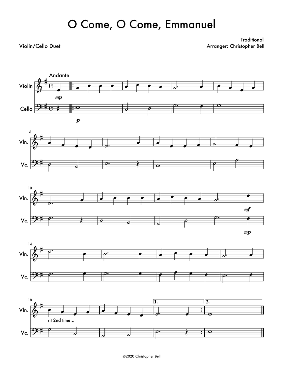 O Come, O Come, Emmanuel - Easy Violin/Cello Duet String Duet scores gallery preview page 1