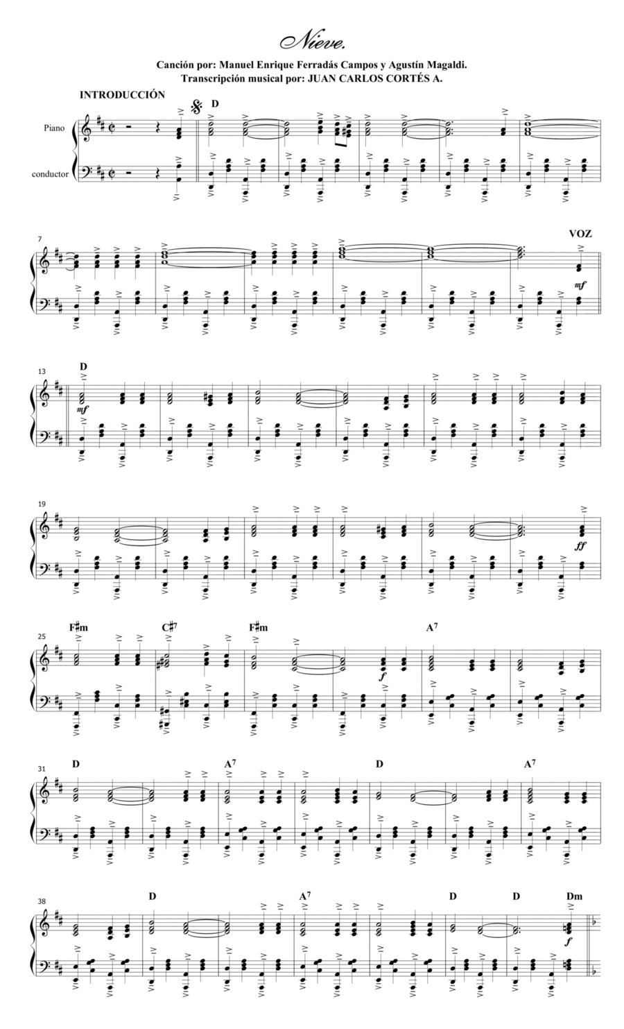 Nieve. Canción Fox por: Manuel Enrique Ferradás Campos y Agustín Magaldi. Piano Solo scores gallery preview page 1