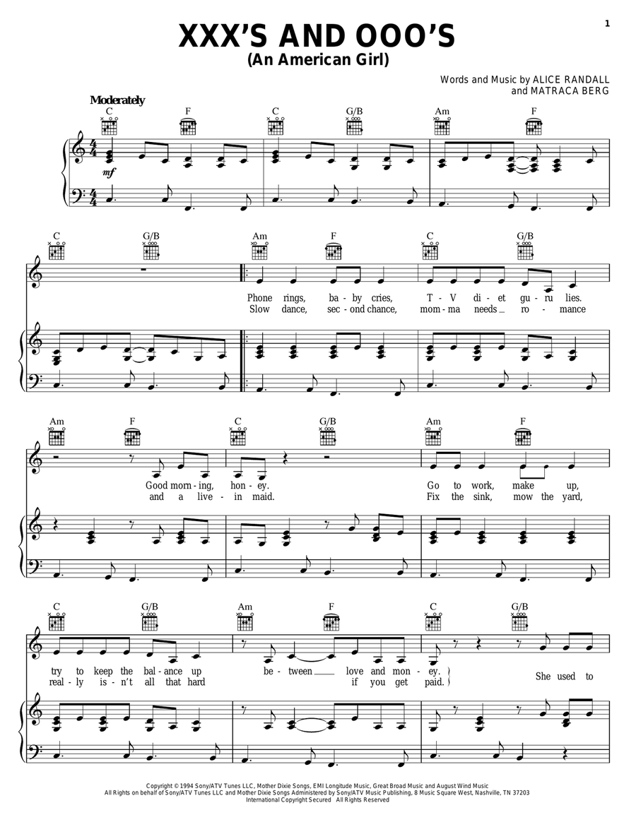 XXX's And OOO's (An American Girl) Piano, Vocal, Guitar scores gallery preview page 1