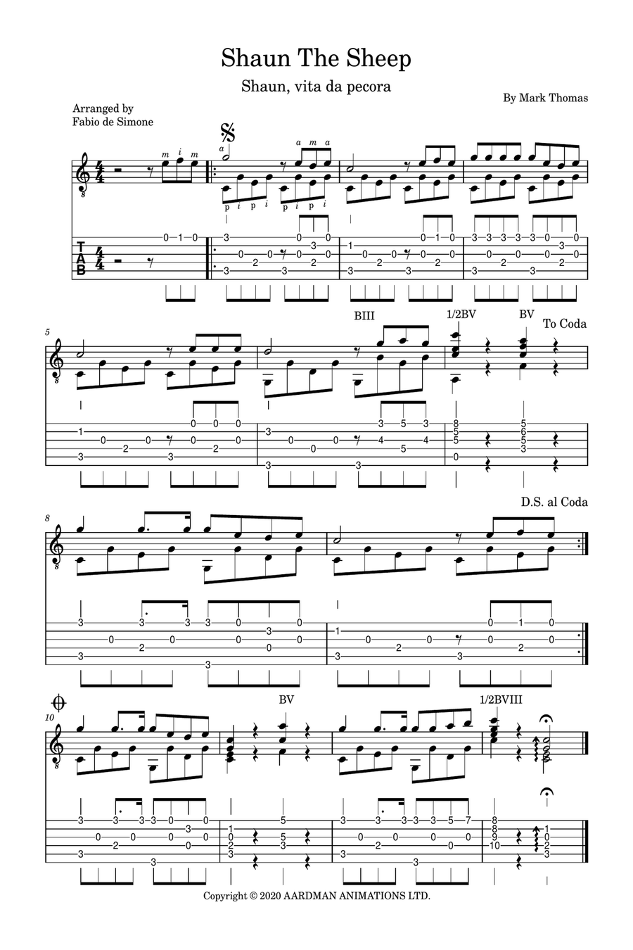 Shaun The Sheep Guitar Tablature scores gallery preview page 1