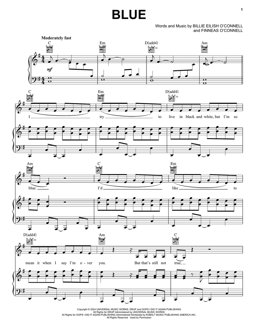 BLUE Piano, Vocal, Guitar scores gallery preview page 1
