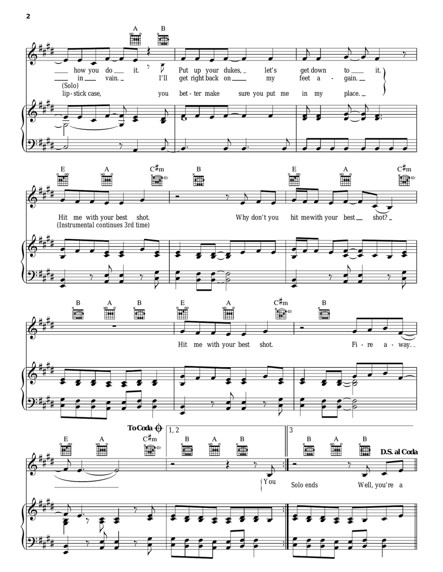 Hit Me With Your Best Shot Piano, Vocal, Guitar scores gallery preview page 2